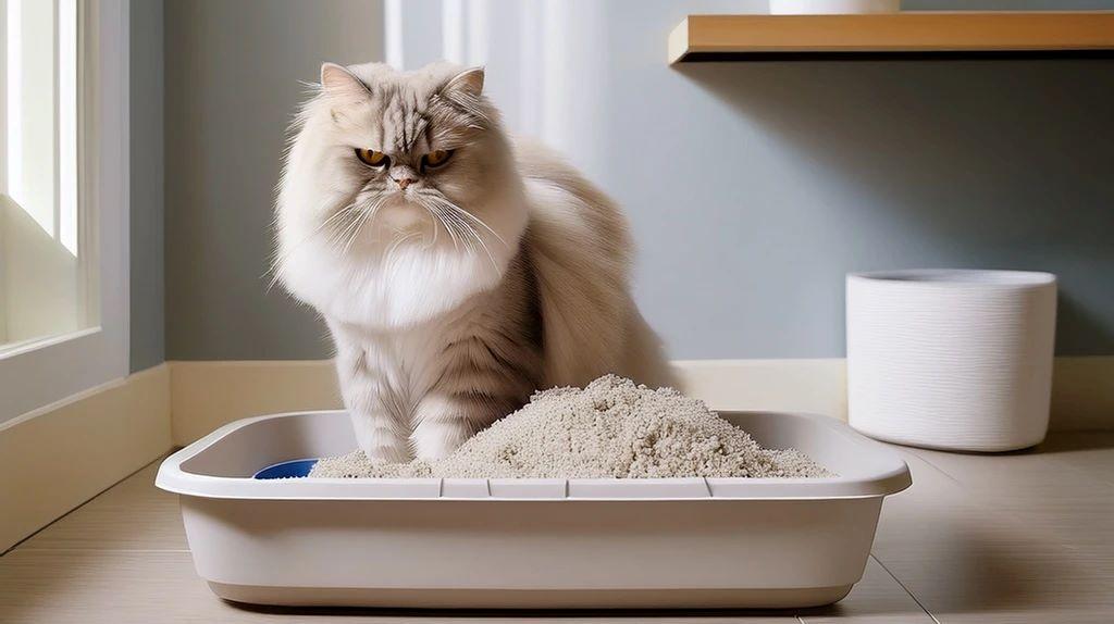 Gato persa blanco usando el arenero