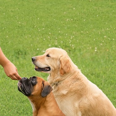 Dos perros reciben una golosina durante una sesión de entrenamiento