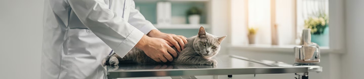 Veterinario examinando a un gato gris sobre una mesa metálica en una clínica