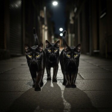 Tres gatos negros en la calle