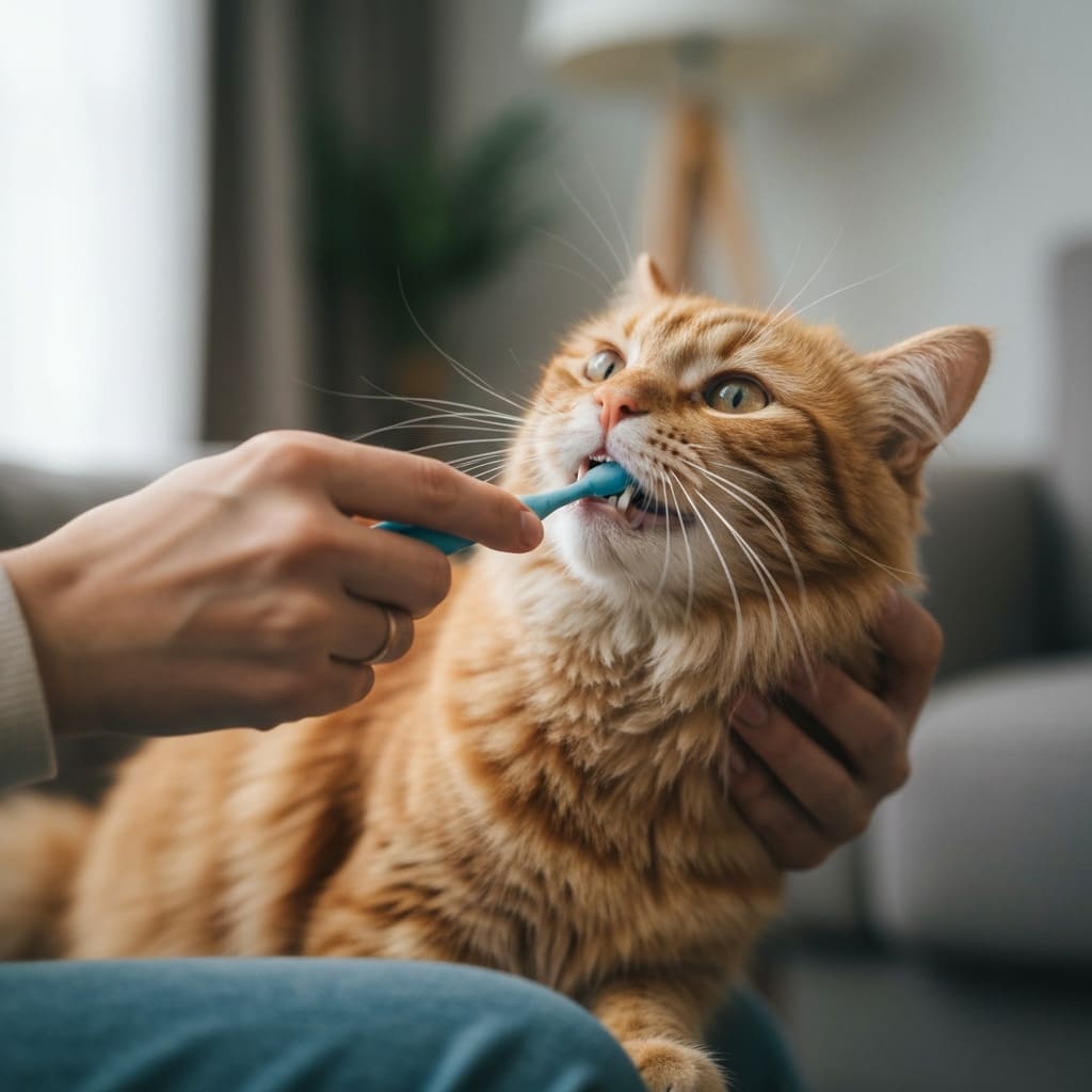 Dueño cepillando los dientes de su gato