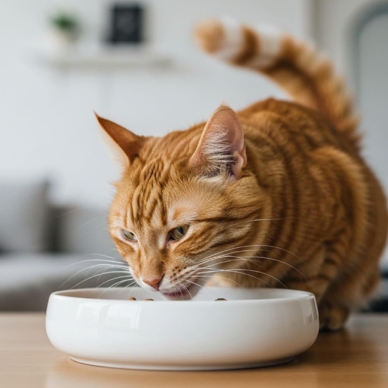 Un gato comiendo su comida