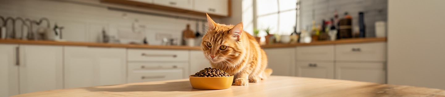 Un gato naranja sentado en una encimera de madera mirando un cuenco amarillo lleno de comida seca en una cocina luminosa.