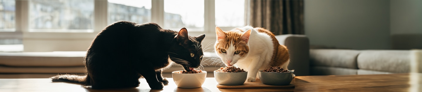 Gato adultos comiendo comida premium para gatos