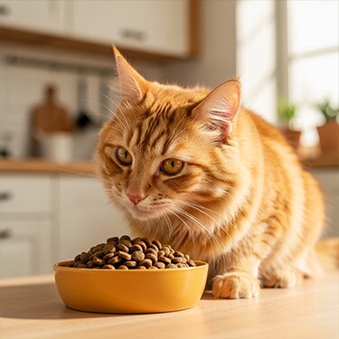 Un gato naranja sentado en una encimera de madera mirando un cuenco amarillo lleno de comida seca en una cocina luminosa.