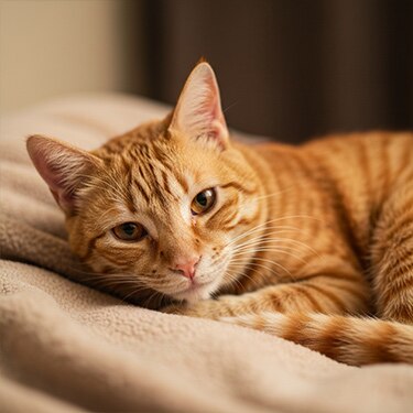 Gato atigrado naranja recostado sobre una suave manta de color beige