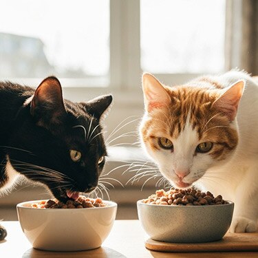 Gato adultos comiendo comida premium para gatos