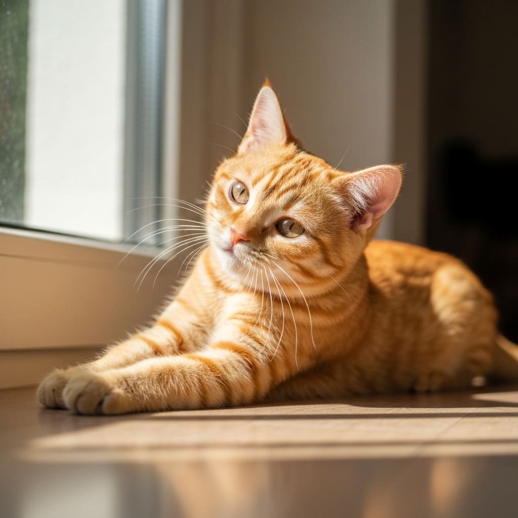 Gato amarillo cerca de una ventana