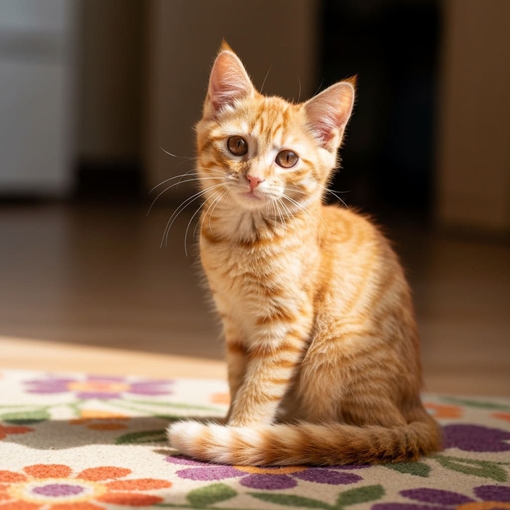 Gato amarillo sentado en un tapete