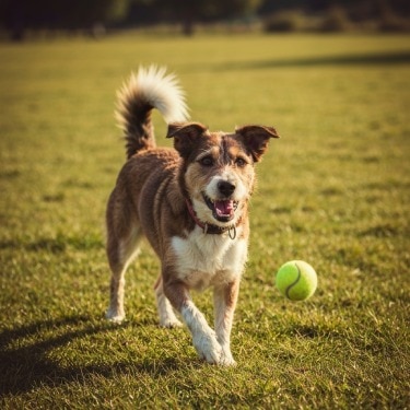 Perro jugando con pelota de tenis