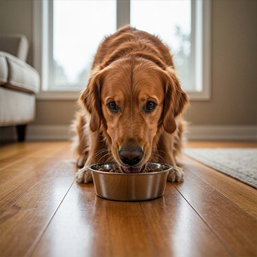 Un golden retriever echado sobre un piso de madera comiendo alimento seco de un plato de acero inoxidable, mirando directamente a la cámara.
