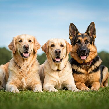 Tres perros (un Golden Retriever, un Labrador y un Pastor Alemán) acostados uno al lado del otro sobre el césped verde.