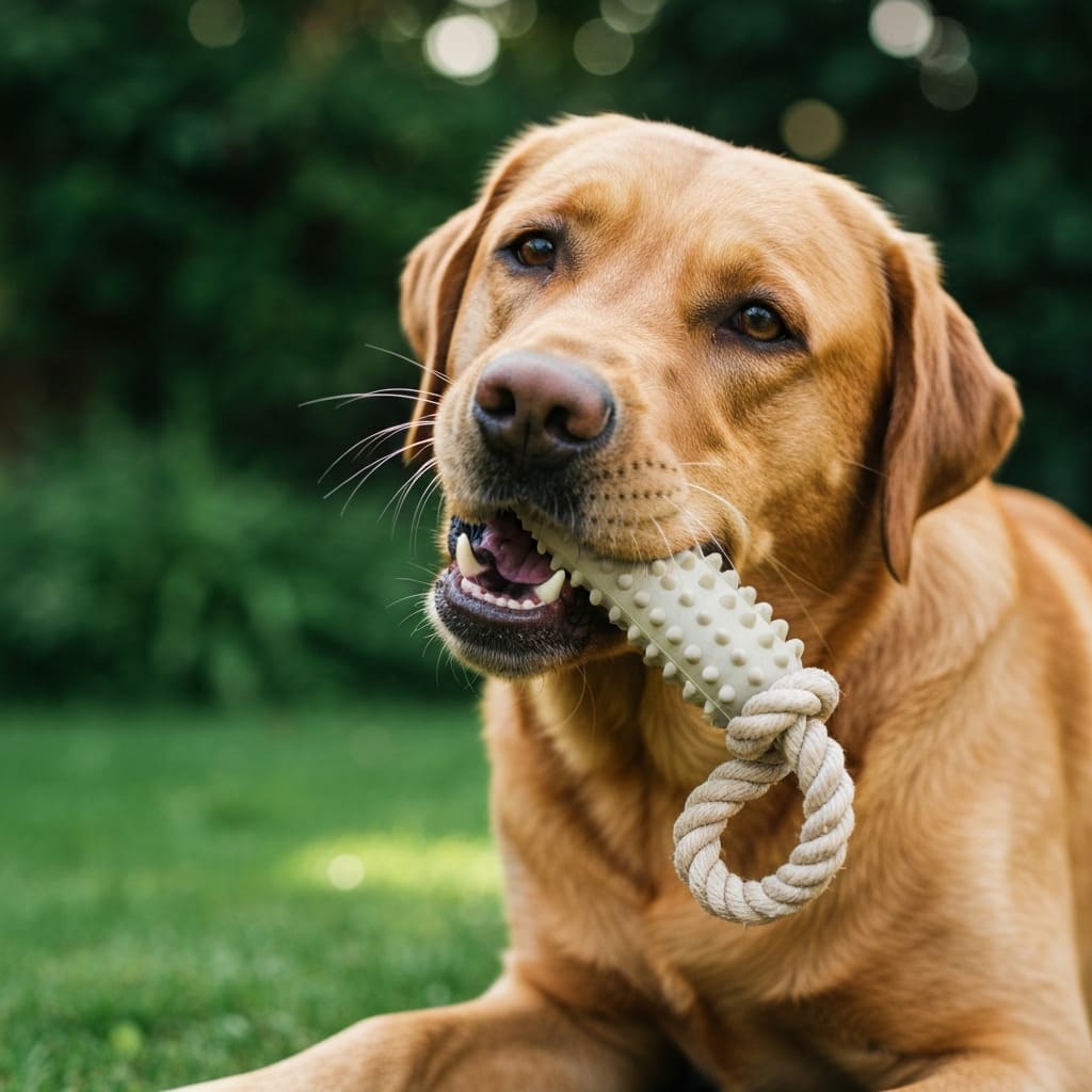 Perro masticando un juguete dental