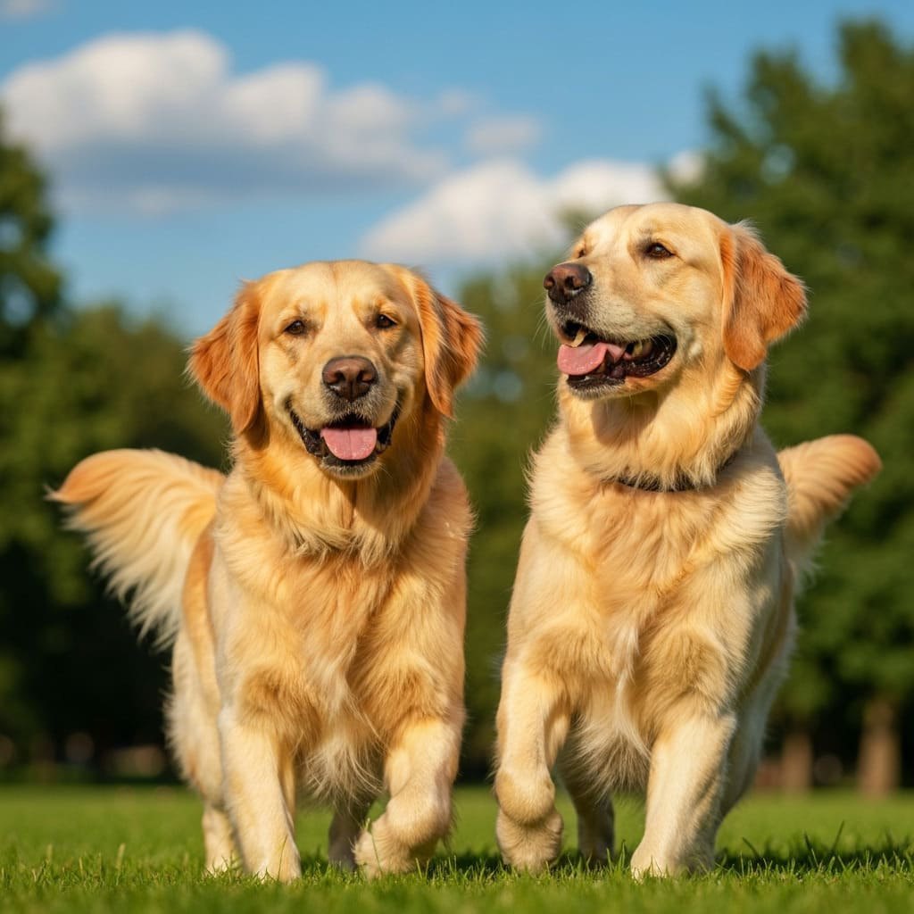 Two golden retrievers at the park Dos perros Golden Retriever caminando en el parque