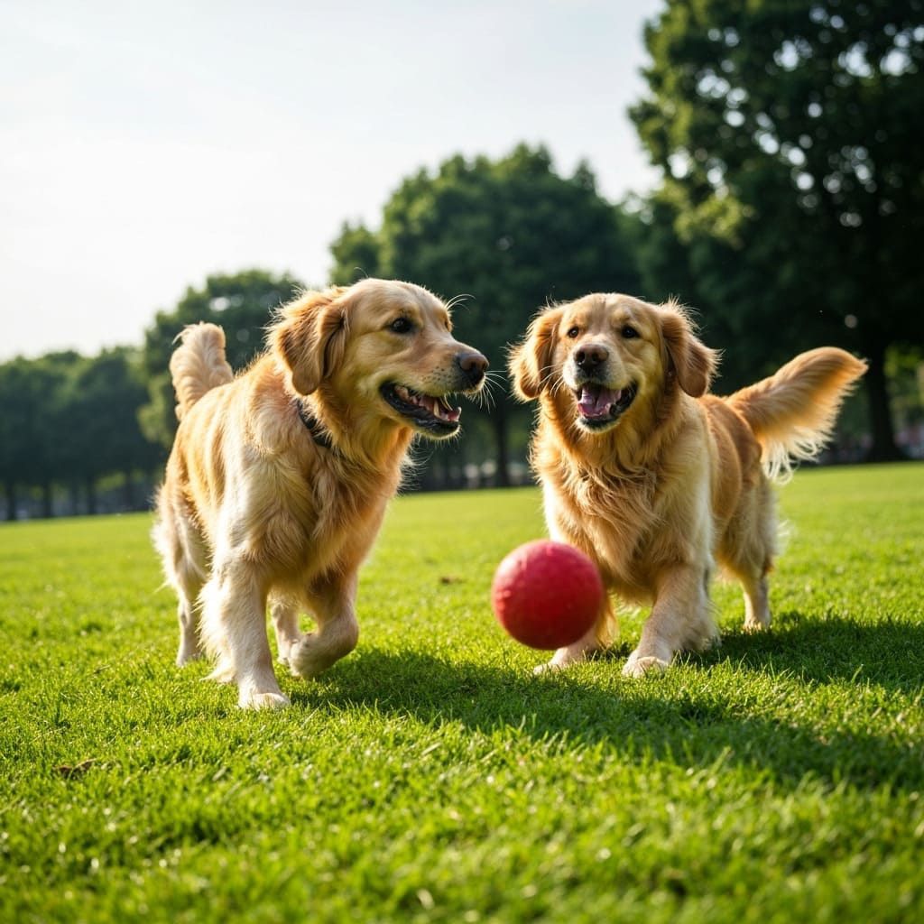 Two golden retrievers playing with a ball Dos perros Golden Retriever jugando con una pelota
