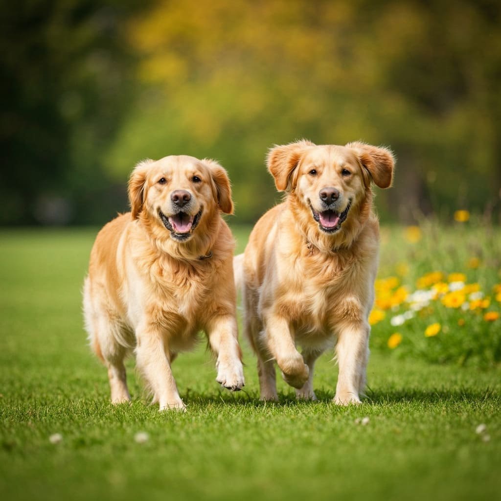 Two golden retrievers running Dos perros Golden Retriever corriendo