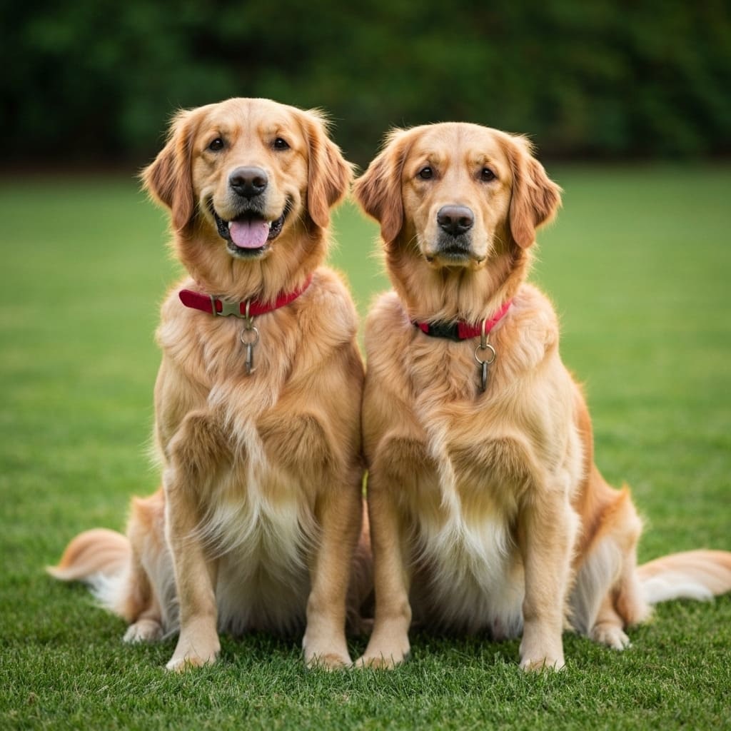 Two retrievers sitting in the grass Dos perros Golden Retriever sentados en el pasto