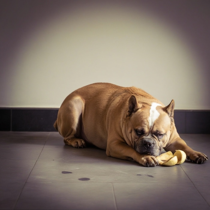 Bulldog de color canela tumbado en el suelo mirando fijamente una cáscara de plátano