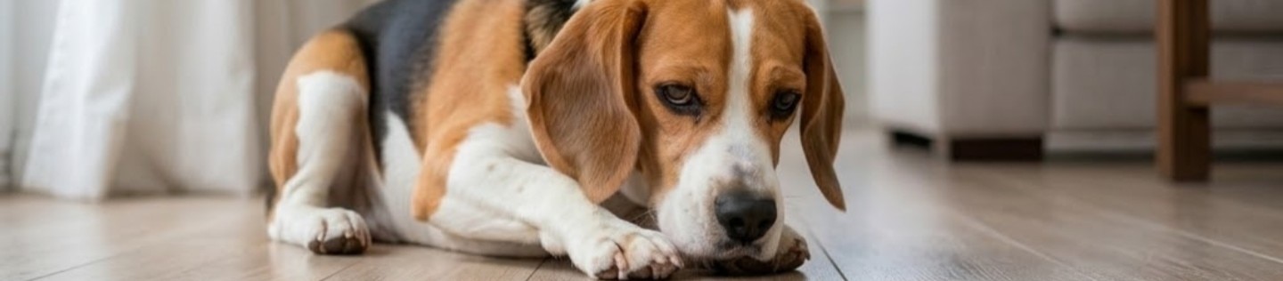 Beagle tricolor acostado sobre un suelo de madera clara en una sala amplia y luminosa.