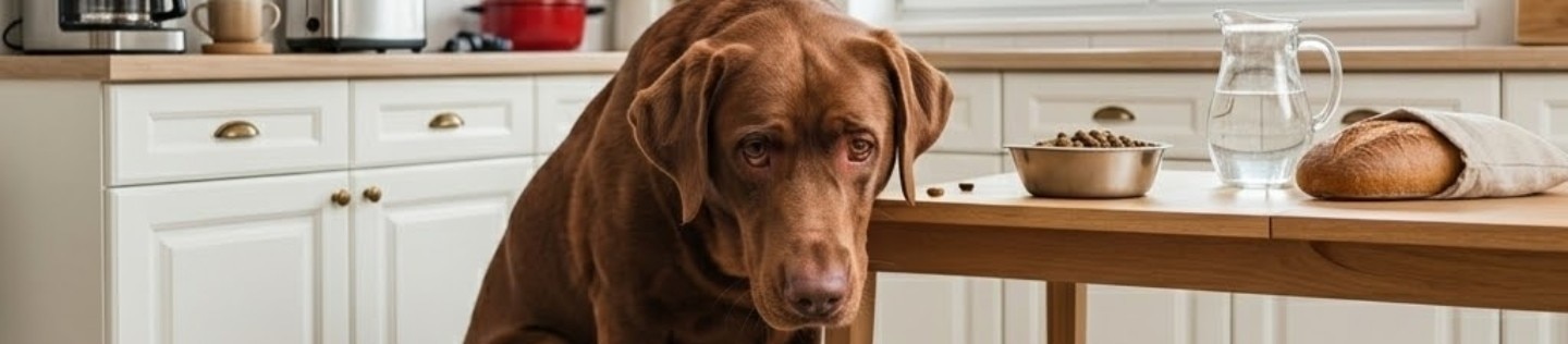 Un perro Labrador de color chocolate sentado en una cocina con expresión triste