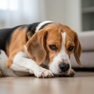 Beagle tricolor acostado sobre un suelo de madera clara en una sala amplia y luminosa