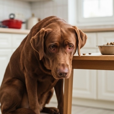 Un perro Labrador de color chocolate sentado en una cocina con expresión triste