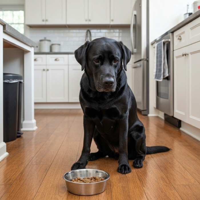 Labrador negro sentado frente a su plato de comida