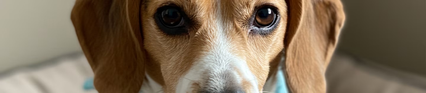 Perro beagle con expresión anhelante apoyando la cabeza sobre una mesa de madera mientras mira fijamente un premio de comida.