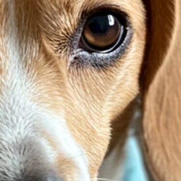 Perro beagle con expresión anhelante apoyando la cabeza sobre una mesa de madera mientras mira fijamente un premio de comida.