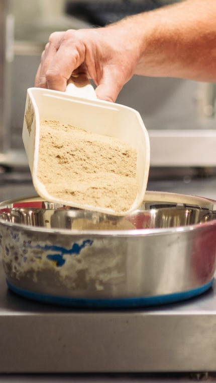 Hill's Pet Global Pet Nutrition Center researcher measuring the pet food on a scale