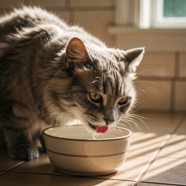 Gato bebiendo agua de un bowl