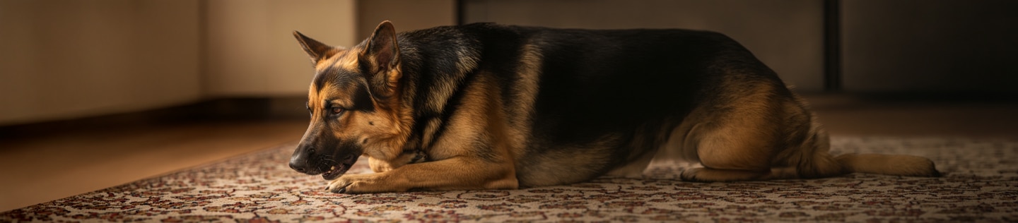 Un perro pastor aleman echado en el interior de una casa