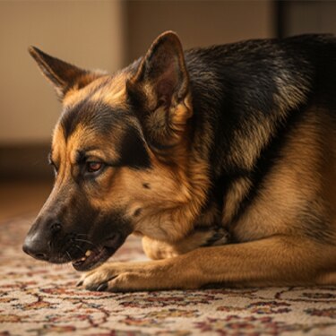 Un perro pastor aleman echado en el interior de una casa