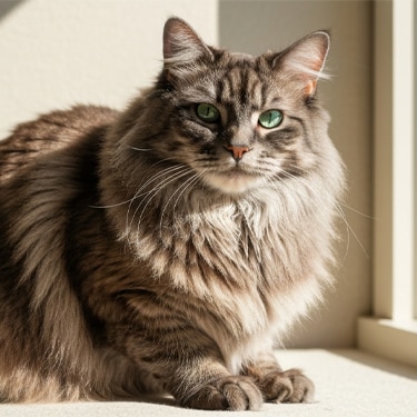 Gato gris con abundante pelaje saludable