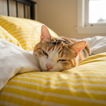 Gato casi despierto acostado en la cama