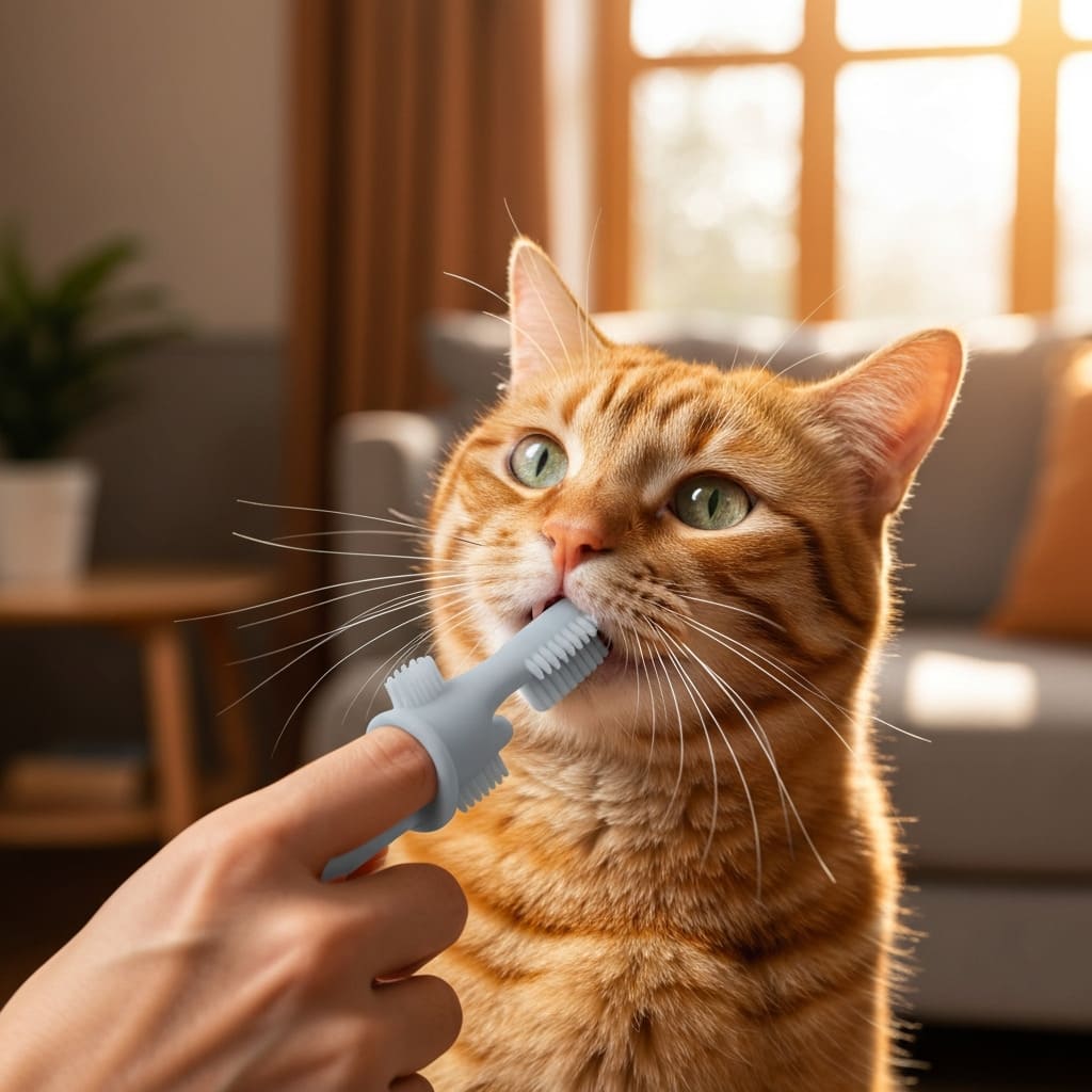 Dueño cepillando a su gato en casa